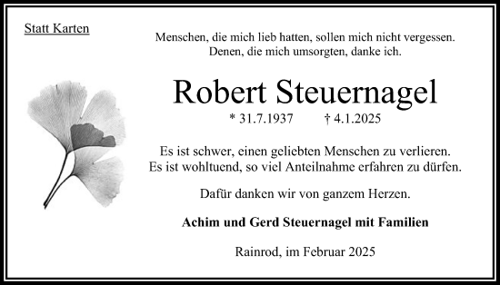 Traueranzeige von Robert Steuernagel von Oberhessische Zeitung