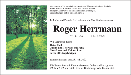 Traueranzeige von Roger Herrmann von Kreis-Anzeiger, Kreis-Anzeiger