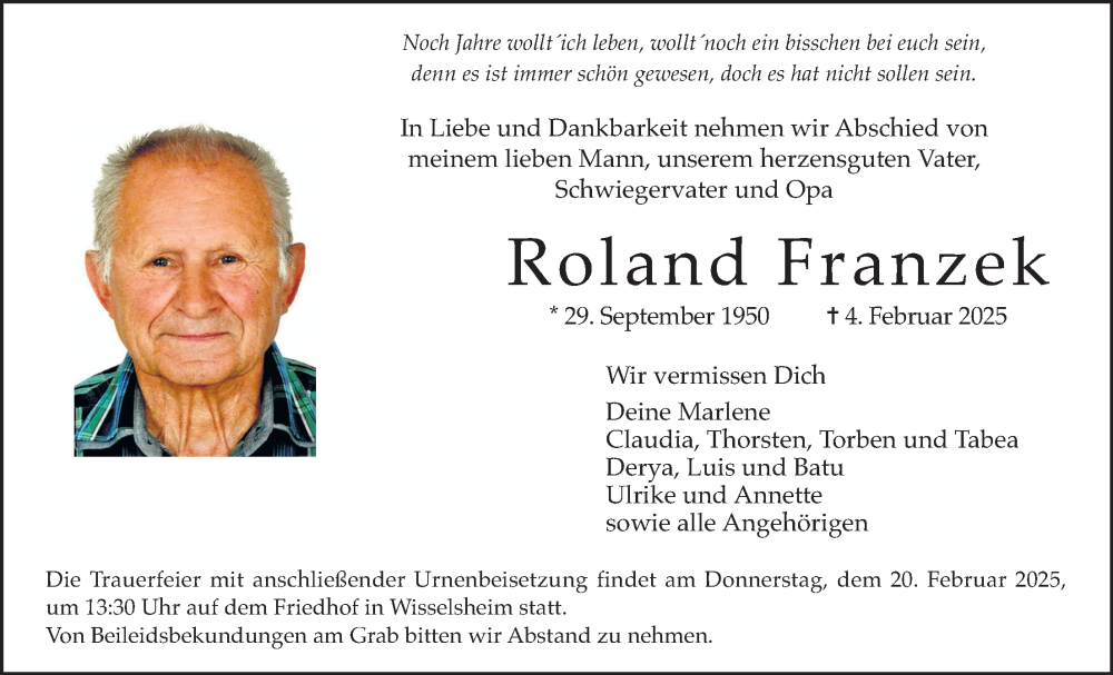  Traueranzeige für Roland Franzek vom 15.02.2025 aus Wetterauer Zeitung