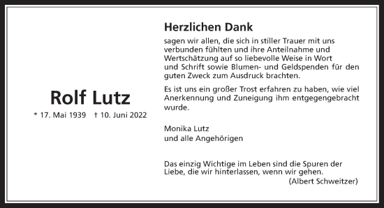 Traueranzeige von Rolf Lutz von Wetterauer Zeitung, Pohlheimer Nachrichten, Wetterauer Zeitung
