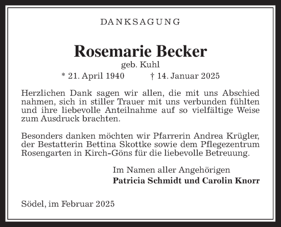 Traueranzeige von Rosemarie Becker von Wetterauer Zeitung