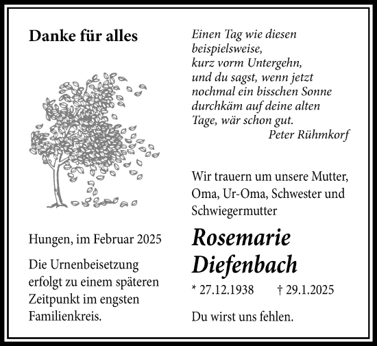 Traueranzeige von Rosemarie Diefenbach von Licher Wochenblatt