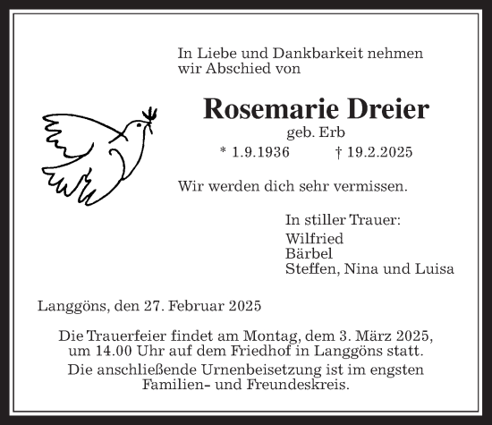 Traueranzeige von Rosemarie Dreier von Giessener Allgemeine, Alsfelder Allgemeine