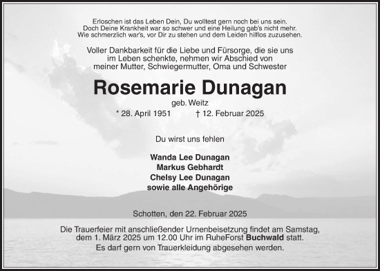Traueranzeige von Rosemarie Dunagan von Kreis-Anzeiger, Kreis-Anzeiger, Kreis-Anzeiger