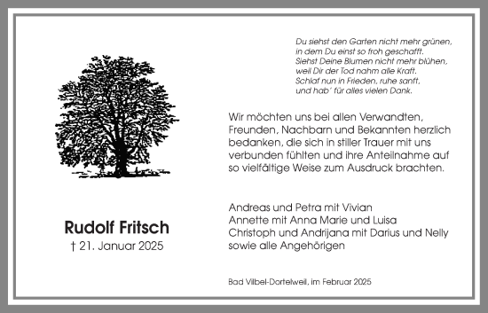 Traueranzeige von Rudolf Fritsch von Bad Vilbel/Karben