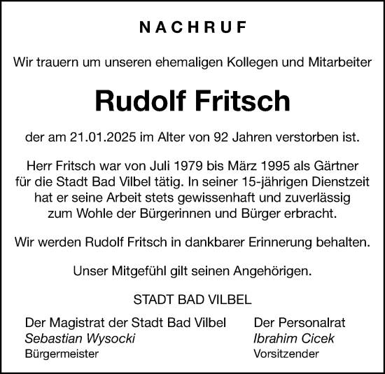 Traueranzeige von Rudolf Fritsch von Bad Vilbel/Karben