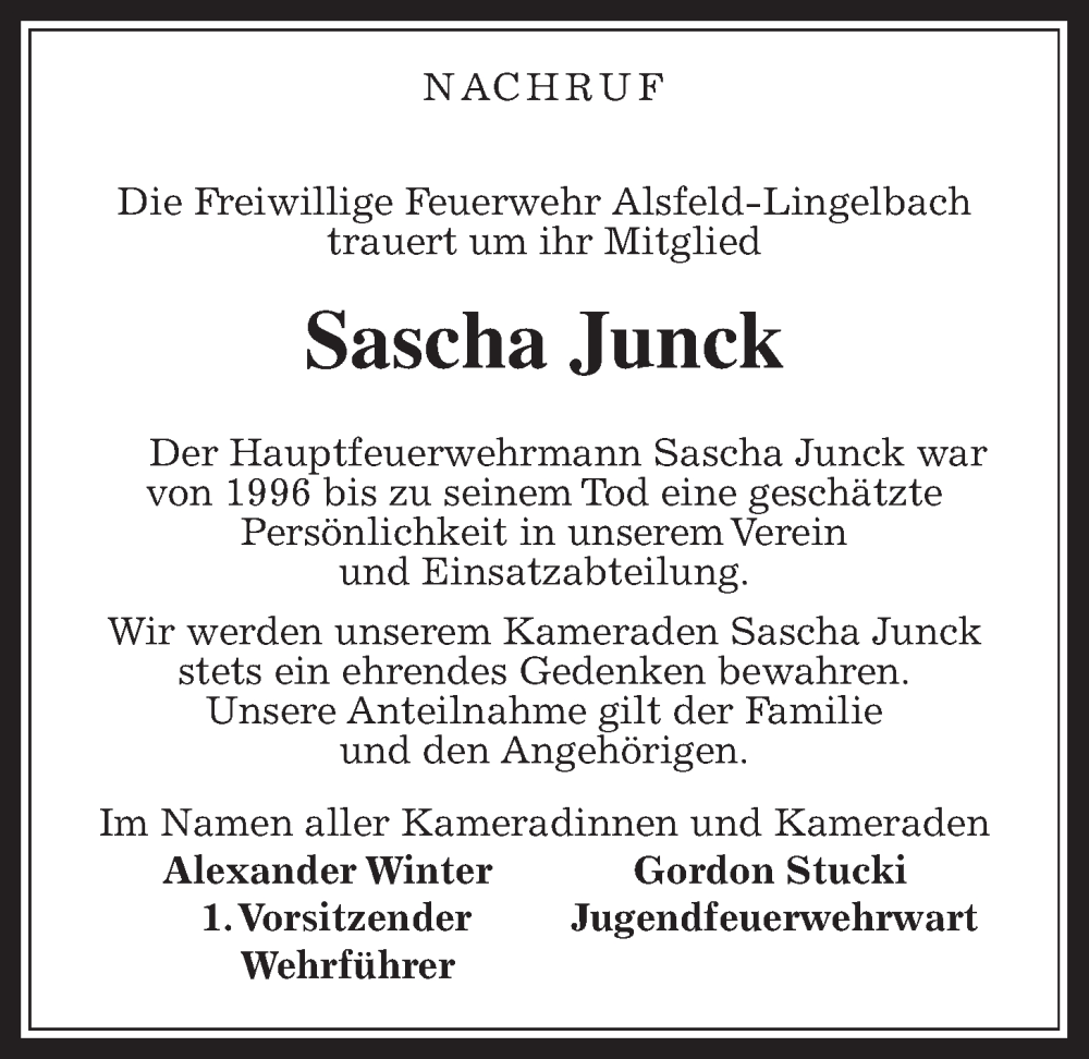  Traueranzeige für Sascha Junck vom 25.01.2025 aus Oberhessische Zeitung, 