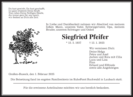 Traueranzeige von Siegfried Pfeifer von Giessener Allgemeine, Alsfelder Allgemeine, Giessener Anzeiger