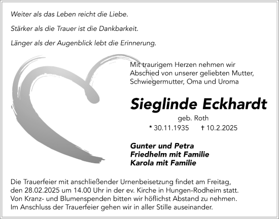 Traueranzeige von Sieglinde Eckhardt von Licher Wochenblatt