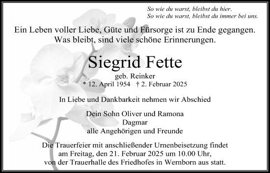 Traueranzeige von Siegrid Fette von Usinger Anzeiger, Usinger Anzeigenblatt, Wetterauer Zeitung