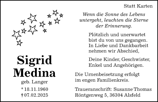 Traueranzeige von Sigrid Medina von Oberhessische Zeitung, Oberhessische Zeitung, Oberhessische Zeitung