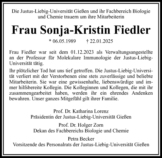 Traueranzeige von Sonja-Kristin Fiedler von Giessener Anzeiger, Giessener Allgemeine, Alsfelder Allgemeine