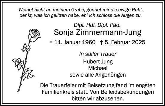 Traueranzeige von Sonja Zimmermann-Jung von Butzbacher Zeitung