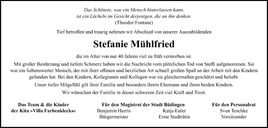 Traueranzeige von Stefanie Mühlfried von Kreis-Anzeiger