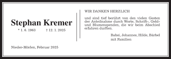 Traueranzeige von Stephan Kremer von Wetterauer Zeitung