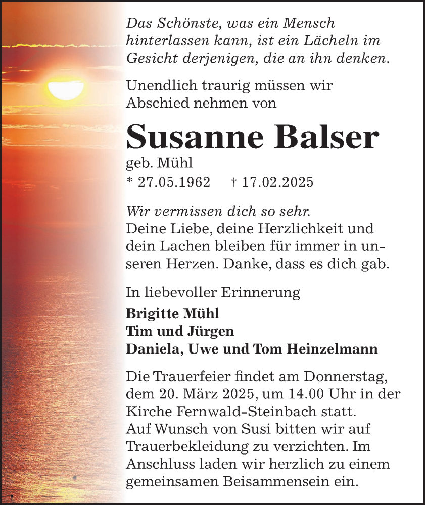  Traueranzeige für Susanne Balser vom 22.02.2025 aus Giessener Allgemeine, Alsfelder Allgemeine, Giessener Anzeiger