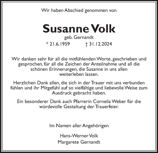 Traueranzeige von Susanne Volk von Giessener Allgemeine, Alsfelder Allgemeine, Giessener Allgemeine, Alsfelder Allgemeine, Giessener Allgemeine, Alsfelder Allgemeine
