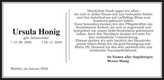 Traueranzeige von Ursula Honig von Oberhessische Zeitung