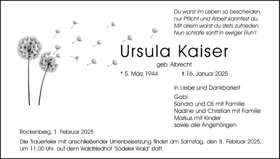 Traueranzeige von Ursula Kaiser von Butzbacher Zeitung, Wetterauer Zeitung