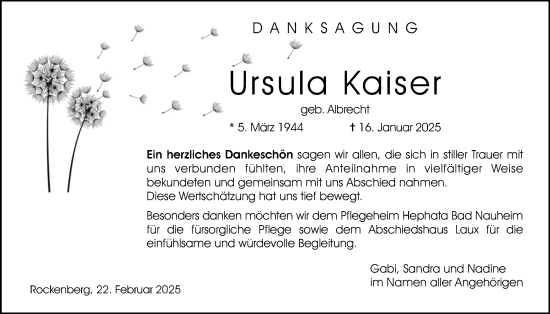 Traueranzeige von Ursula Kaiser von Wetterauer Zeitung, Butzbacher Zeitung
