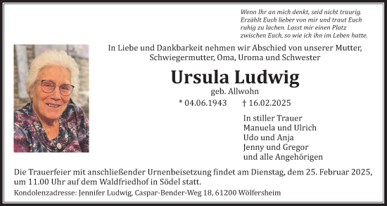 Traueranzeige von Ursula Ludwig von Wetterauer Zeitung, Wetterauer Zeitung, Wetterauer Zeitung