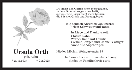 Traueranzeige von Ursula Orth von Wetterauer Zeitung