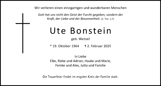 Traueranzeige von Ute Bonstein von Wetterauer Zeitung