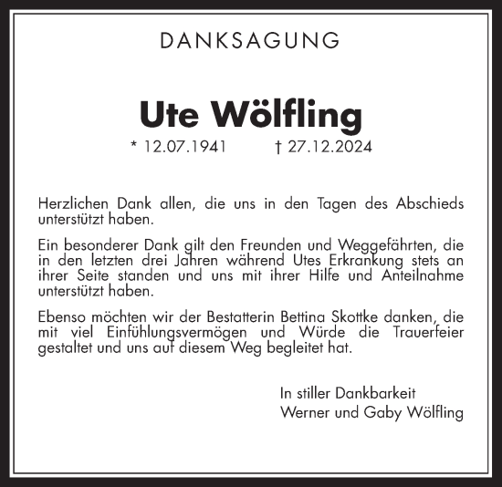 Traueranzeige von Ute Wölfling von Wetterauer Zeitung