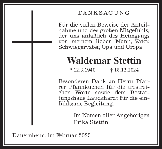 Traueranzeige von Waldemar Stettin von Kreis-Anzeiger