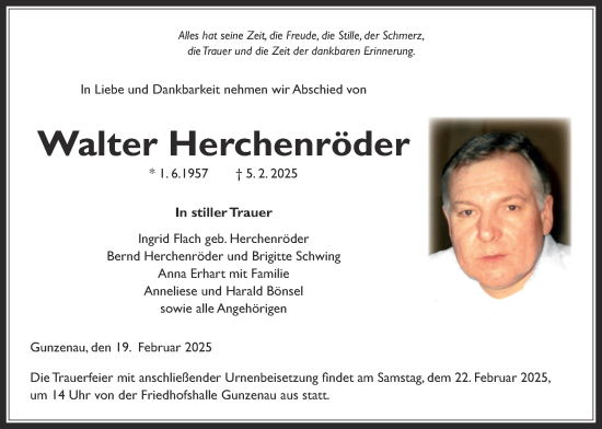 Traueranzeige von Walter Herchenröder von Lauterbacher Anzeiger
