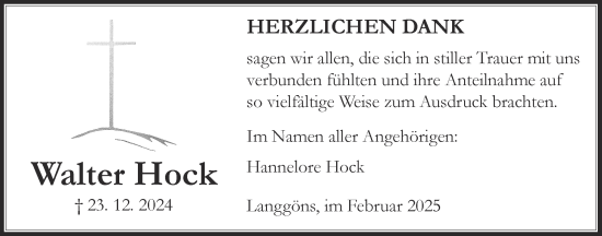 Traueranzeige von Walter Hock von Giessener Allgemeine, Alsfelder Allgemeine, Giessener Anzeiger