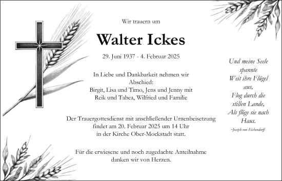 Traueranzeige von Walter Ickes von Kreis-Anzeiger