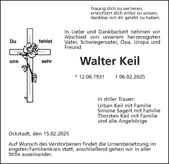 Traueranzeige von Walter Keil von Wetterauer Zeitung