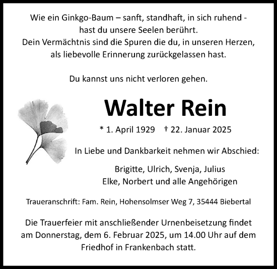 Traueranzeige von Walter Rein von Giessener Allgemeine, Alsfelder Allgemeine, Giessener Anzeiger