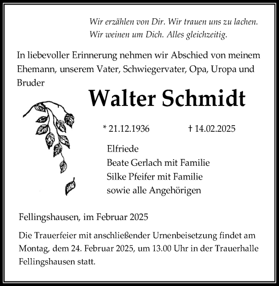 Traueranzeige von Walter Schmidt von Giessener Allgemeine, Alsfelder Allgemeine