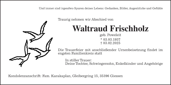 Traueranzeige von Waltraud Frischholz von Giessener Anzeiger