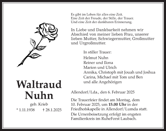 Traueranzeige von Waltraud Nuhn von Giessener Allgemeine, Alsfelder Allgemeine