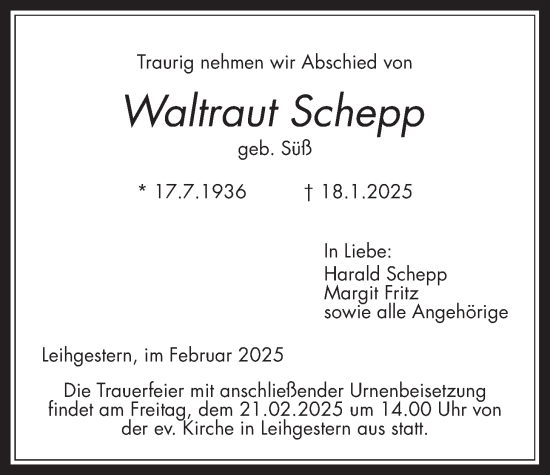 Traueranzeige von Waltraut Schepp von Giessener Anzeiger, Giessener Allgemeine, Alsfelder Allgemeine