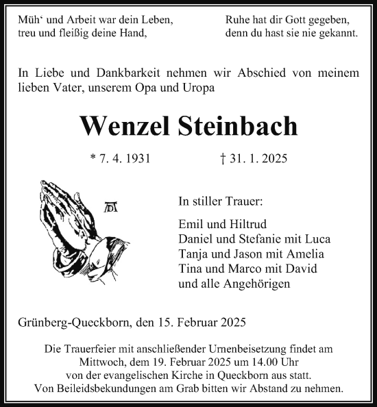 Traueranzeige von Wenzel Steinbach von Giessener Allgemeine, Alsfelder Allgemeine