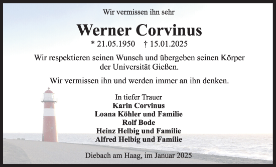 Traueranzeige von Werner Corvinus von Kreis-Anzeiger