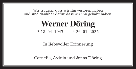 Traueranzeige von Werner Döring von Lauterbacher Anzeiger