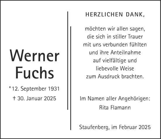 Traueranzeige von Werner Fuchs von Giessener Allgemeine, Alsfelder Allgemeine, Giessener Anzeiger