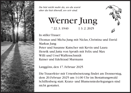 Traueranzeige von Werner Jung von Giessener Allgemeine, Alsfelder Allgemeine