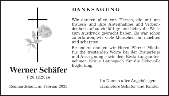 Traueranzeige von Werner Schäfer von Giessener Allgemeine, Alsfelder Allgemeine, Giessener Allgemeine, Alsfelder Allgemeine, Giessener Allgemeine, Alsfelder Allgemeine