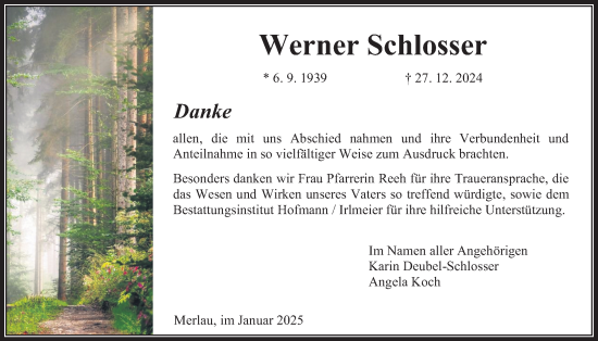 Traueranzeige von Werner Schlosser von Oberhessische Zeitung, Alsfelder Allgemeine, Giessener Allgemeine, Mücker Stimme