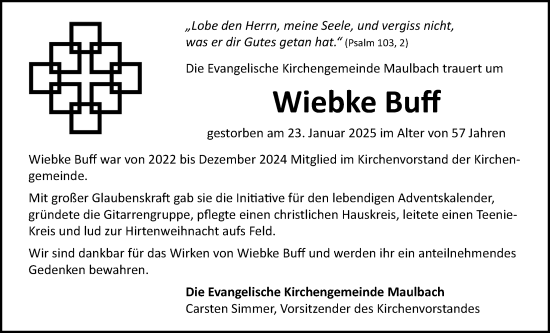 Traueranzeige von Wiebke Buff von Oberhessische Zeitung, Alsfelder Allgemeine