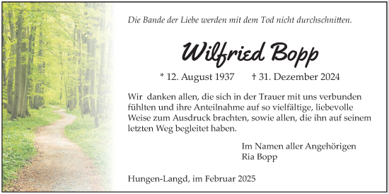 Traueranzeige von Wilfried Bopp von Licher Wochenblatt