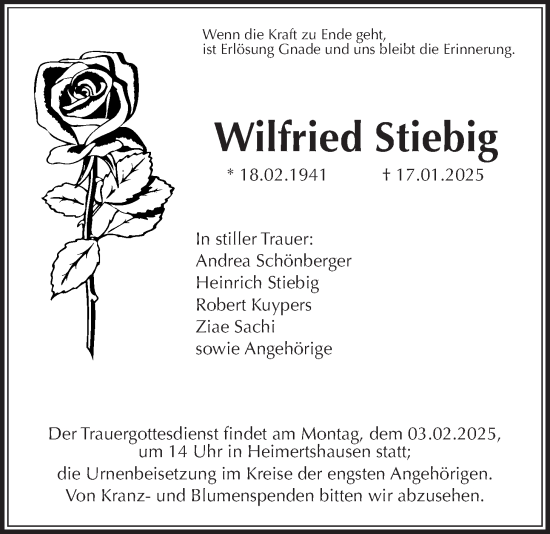 Traueranzeige von Wilfried Stiebig von Oberhessische Zeitung