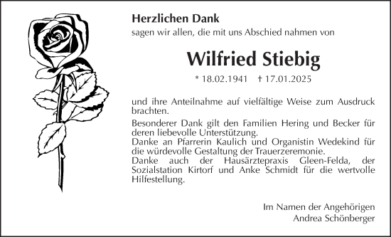 Traueranzeige von Wilfried Stiebig von Oberhessische Zeitung