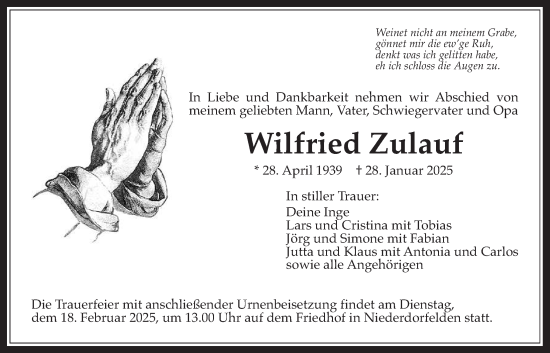 Traueranzeige von Wilfried Zulauf von Bad Vilbel/Karben